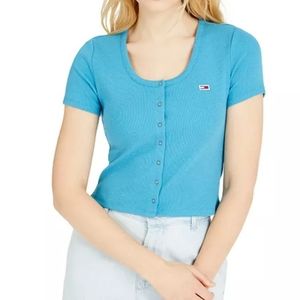 TOMMY JEANS Rib-Knit Snap-Front Crop Yellow Top